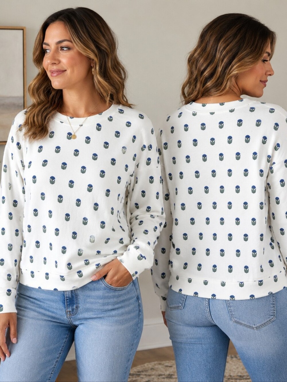 Mary Square Blue Floral Pullover Sweatshirt Size S NWT Coastal Casual • Cottagec